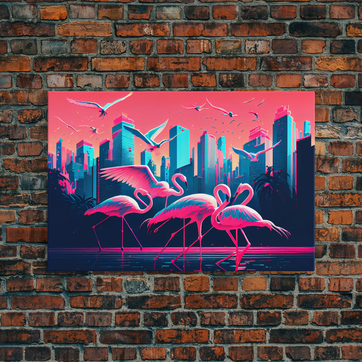 Pink Flamingos, Vaporwave aesthetic style art, framed canvas print, framed wall art