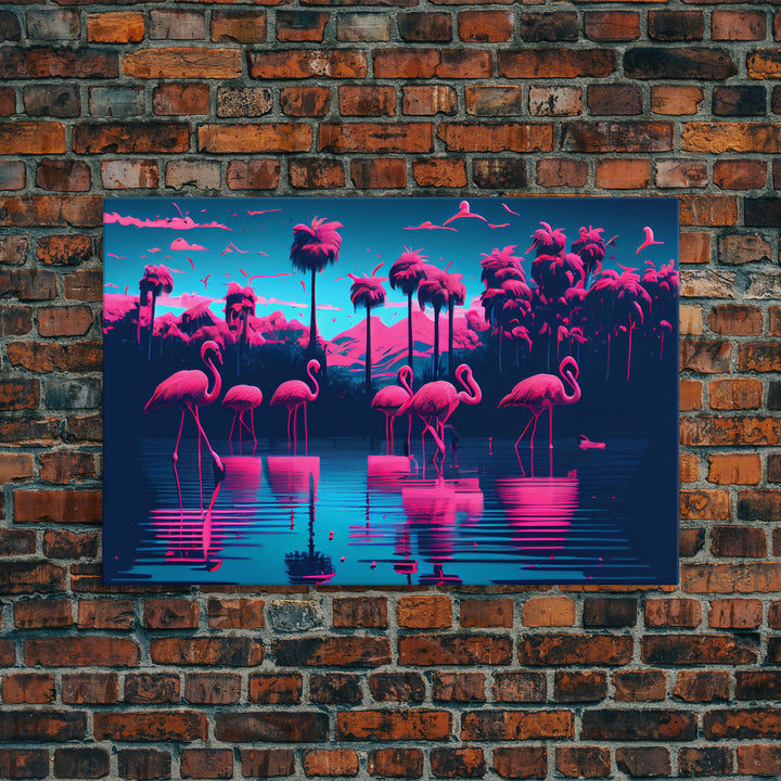 Reflections of Pink Flamingos, Vaporwave aesthetic style art, framed canvas print, framed wall art