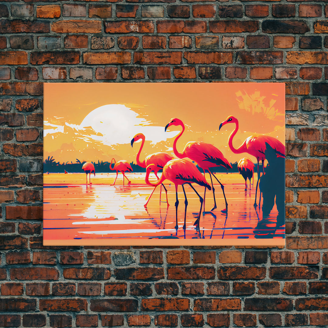 Pink Flamingos at Sunset, framed canvas print, vaporwave vibes art