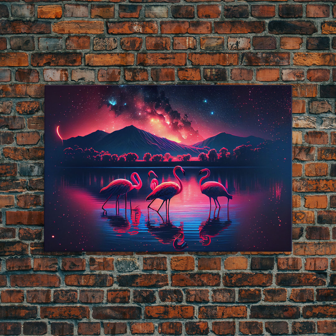 Pink Flamingos against a starry night sky, synthwave vibes, framed canvas print, framed art