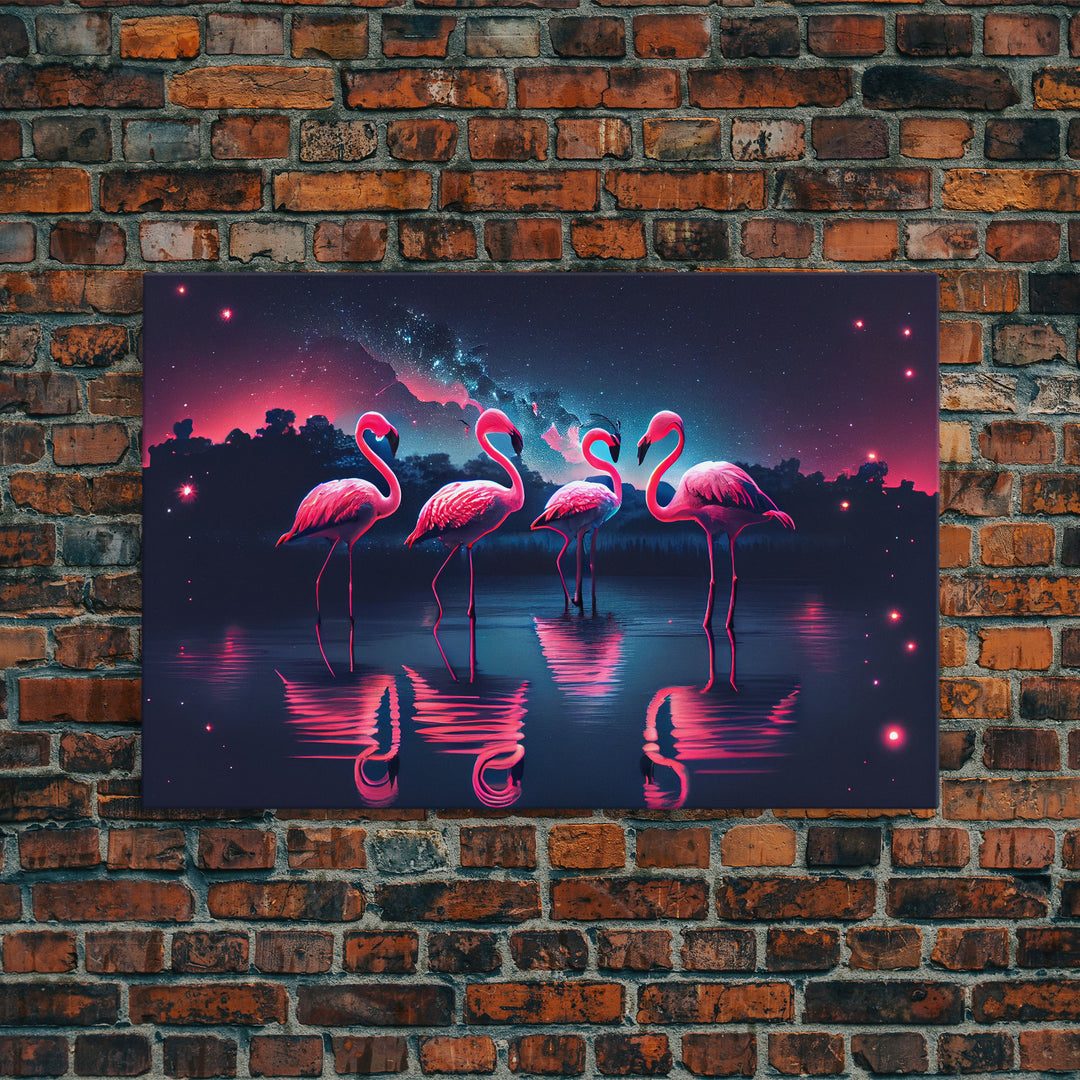 Pink Flamingos against a starry night sky, synthwave vibes, framed canvas print, framed art