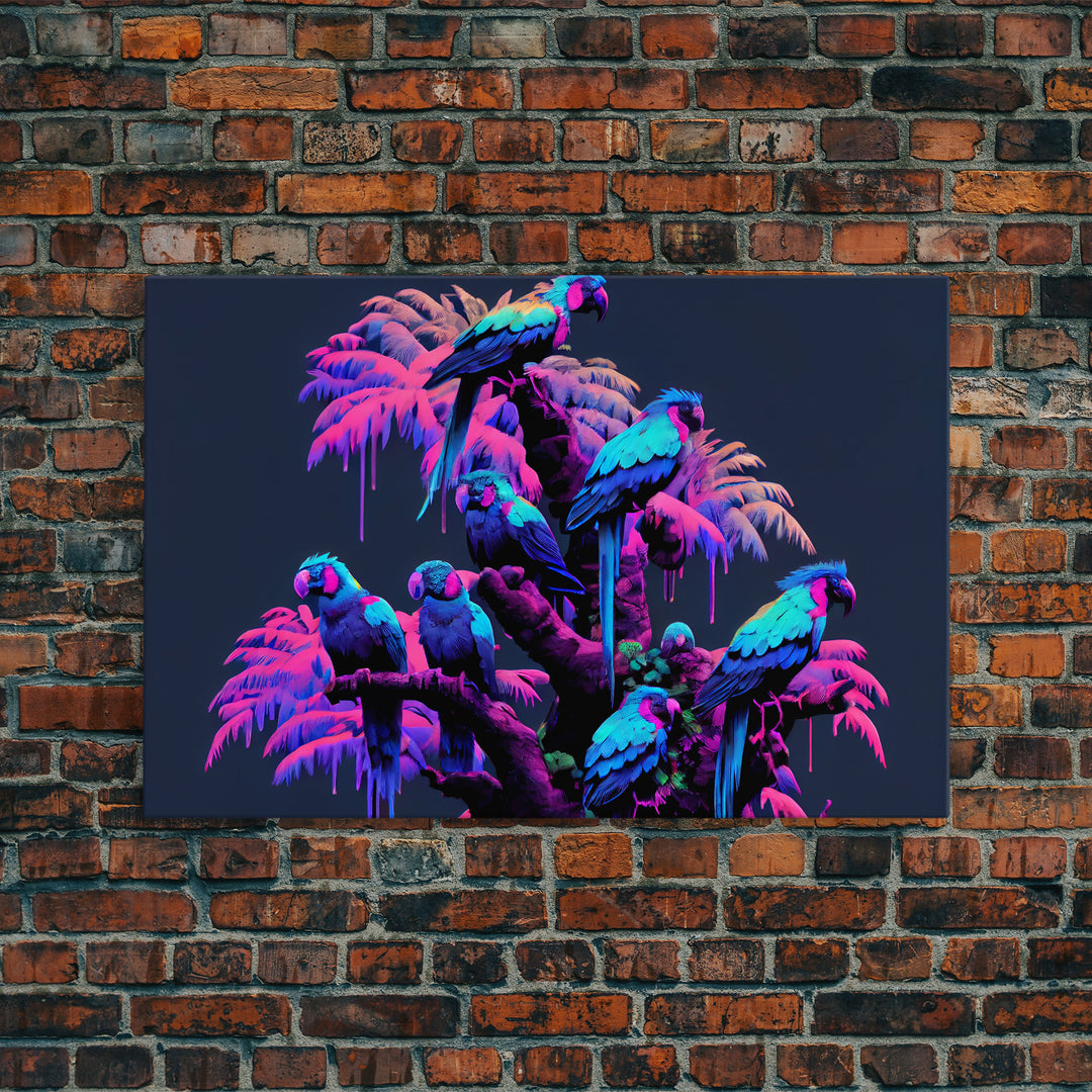 Synthwave Tropical Birds, Parrot Art, Framed canvas print, framed wall decor, vaporwave animal print