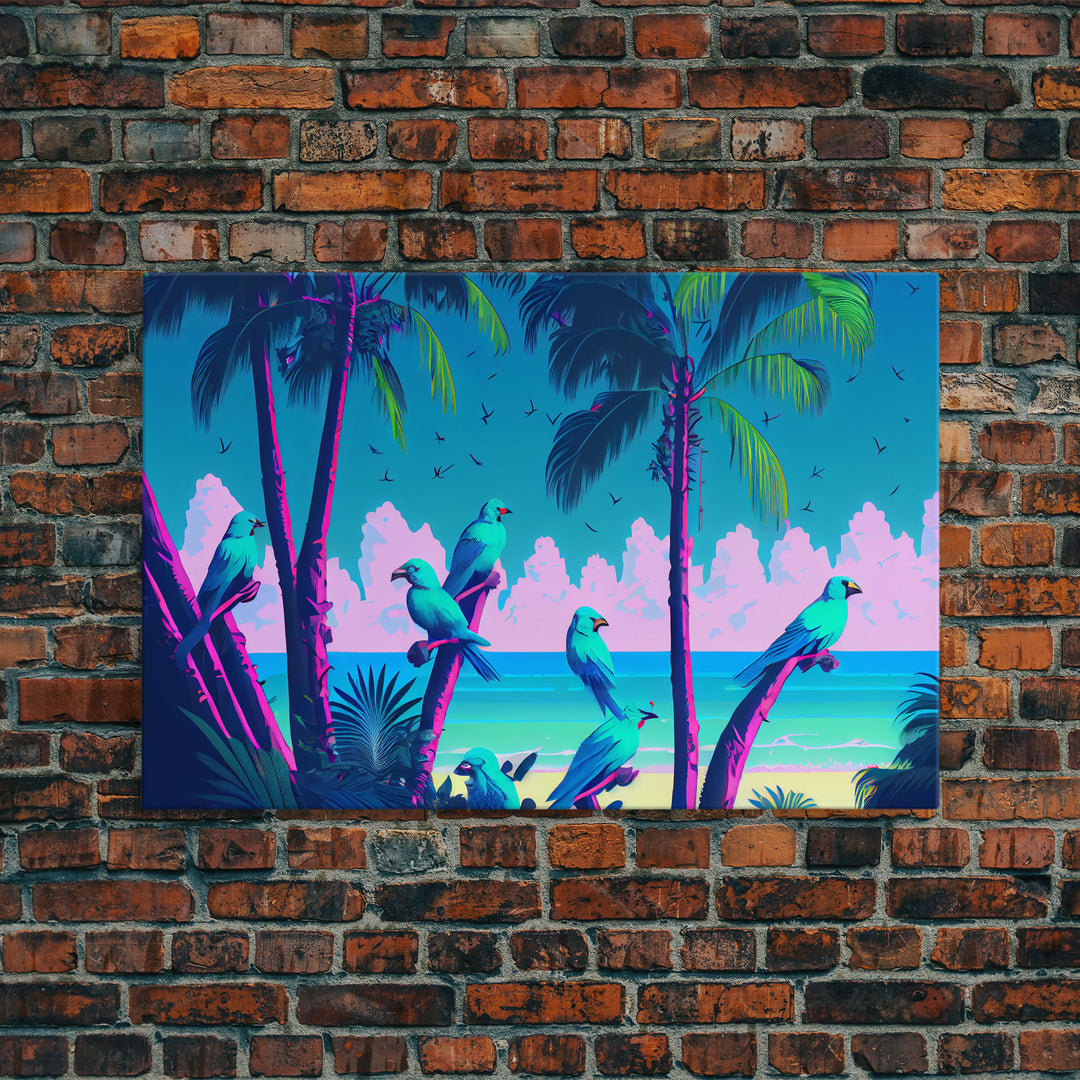 Tropical birds of paradise, synthwave, vaporwave wall art, framed canvas print