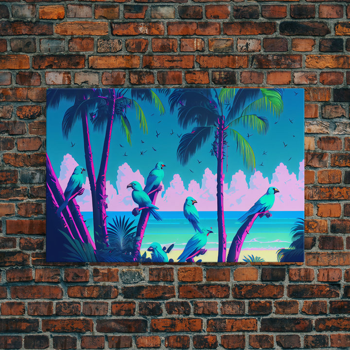 Tropical birds of paradise, synthwave, vaporwave wall art, framed canvas print