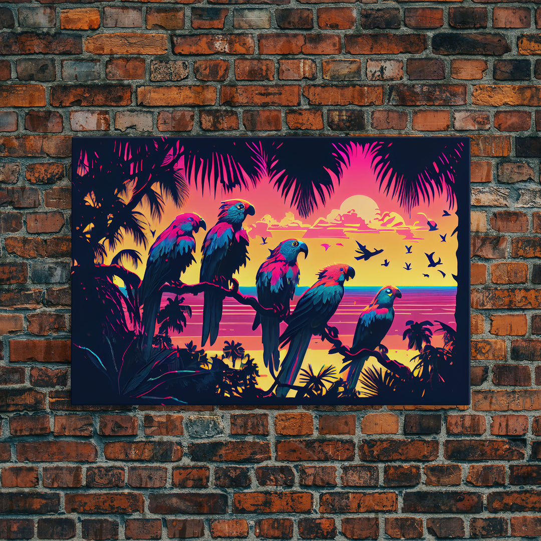 Tropical birds of paradise, synthwave, vaporwave wall art, framed canvas print