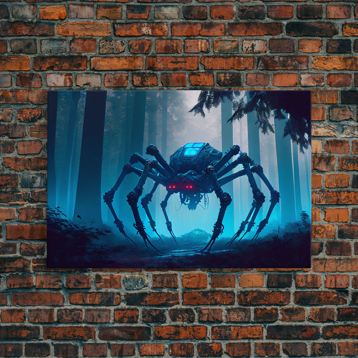 Cyborg Spider, Scifi Fantasy horror art, robot spider on the hunt, framed canvas print