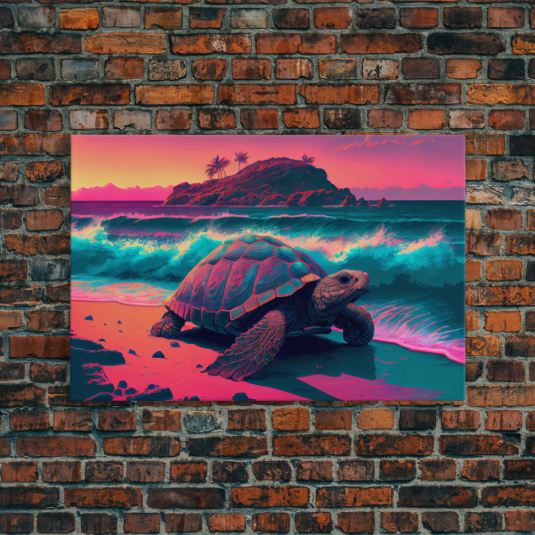 Sea turtle fighting the waves, framed canvas art, synthwave, vaporwave, animal prints