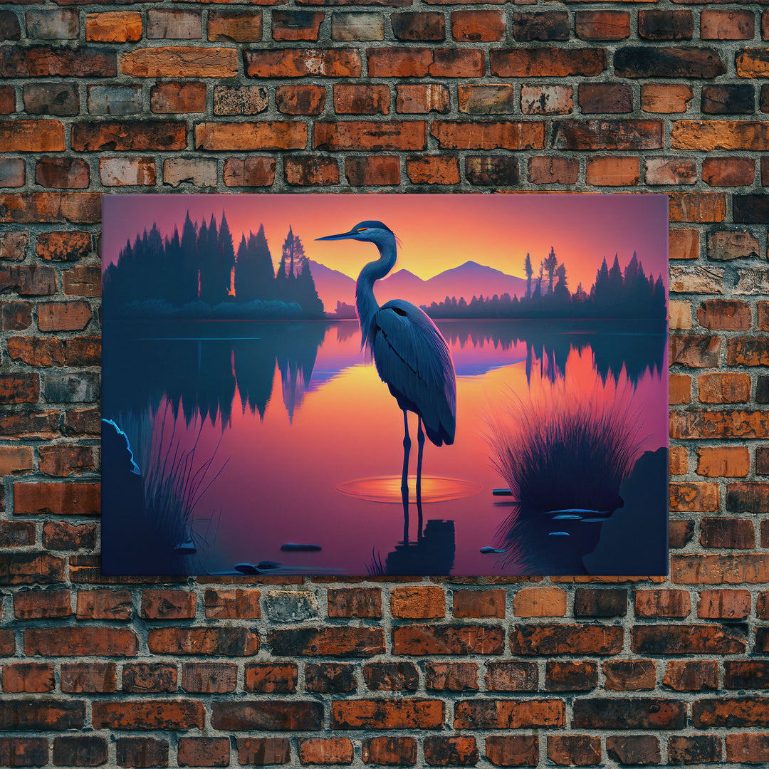 A stork standing in a calm lake at sunset, framed canvas print