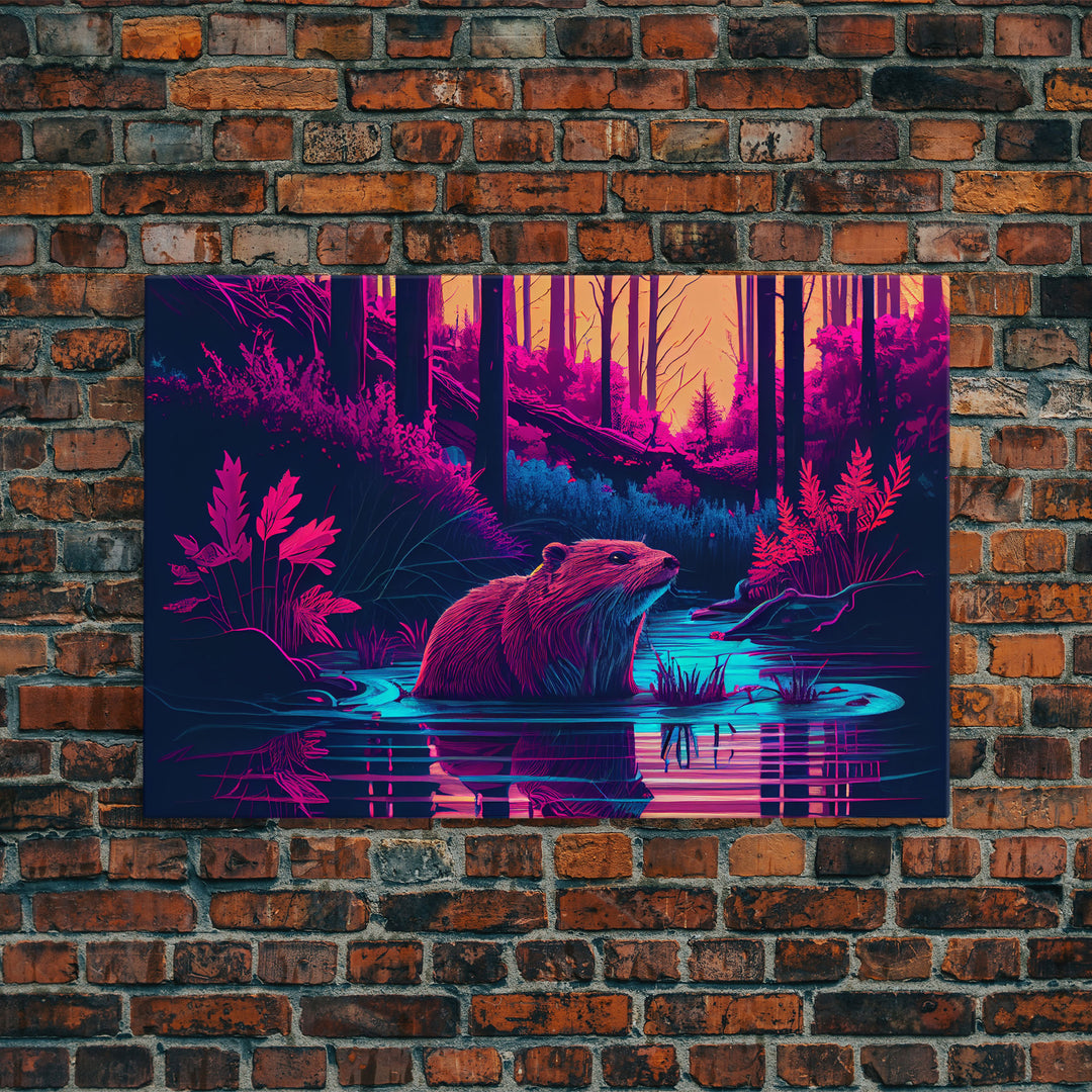 Cute beaver in a river, pink vaporwave art, animal  prints, framed canvas print, framed wall art