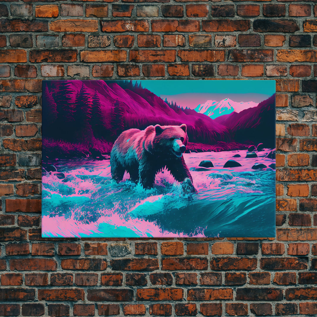 Grizzly bear crossing a river, vaporwave style animal print art, framed canvas print