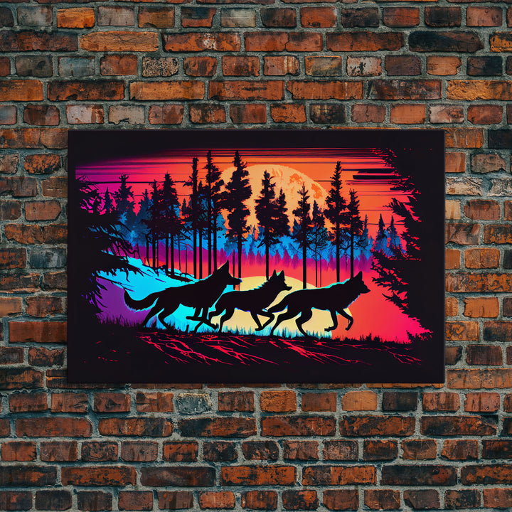 Wolves on the hunt at sunset, synthwave animal art, framed canvas print, vaporwave aesthetic animal art