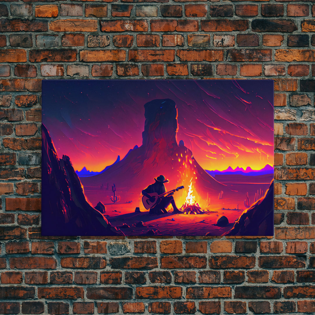 Campfire Songs, Retrowave style art, framed canvas print, synthwave art