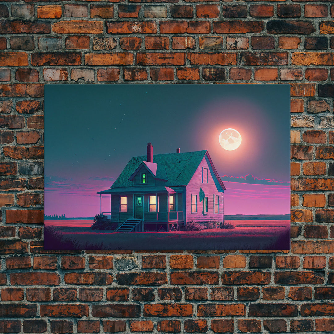 Primitive Retro Mashup, Little house on the prairie, vaporwave aesthetic style framed canvas print