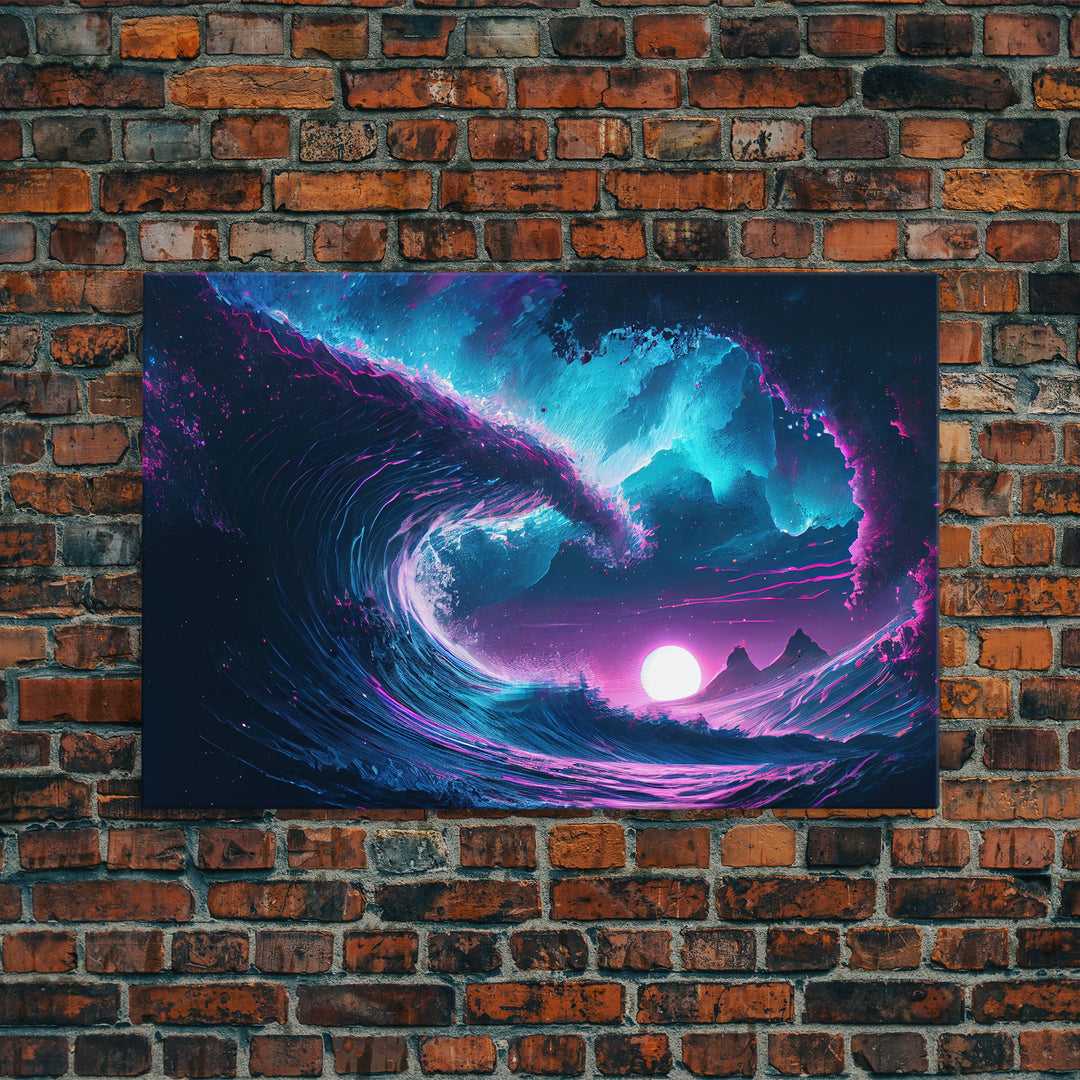 The Wave, Synthwave style ocean art, sunset in a wave, framed canvas print