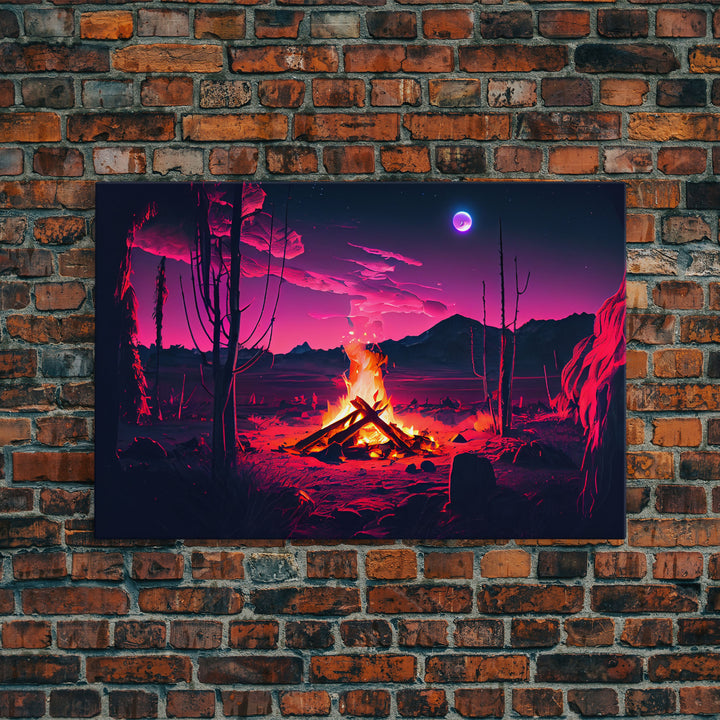 Primitive Art, Campfire Painting Print, Framed Canvas Print, Synthwave Farmhouse Decor