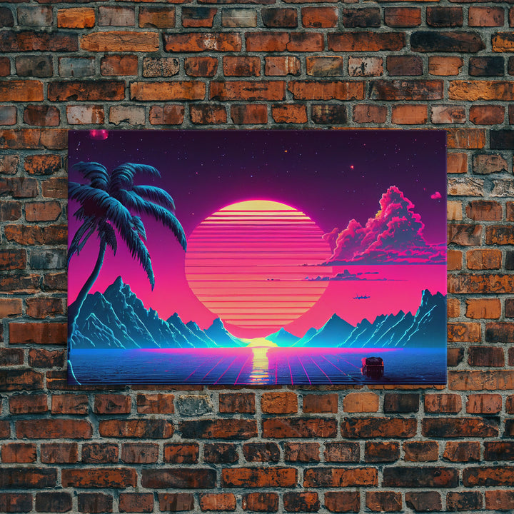 Retro Outrun Style Palm Trees and Sunset, Framed Canvas Print, Wireframe lake and mountain vista