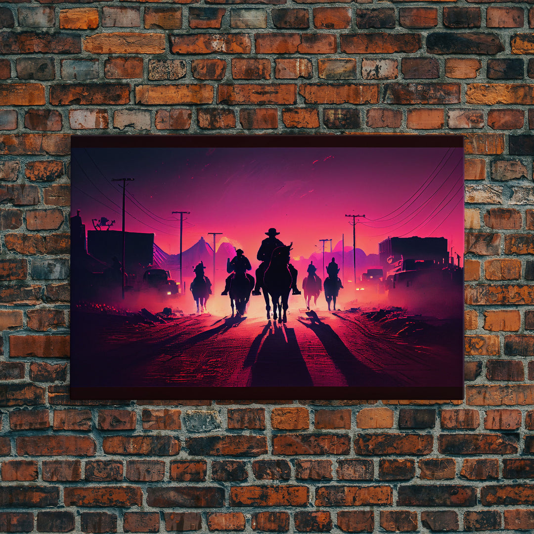 Retro Synthwave Style Post-Apocalyptic Cowboys, framed canvas print, retro outrun style wild west art