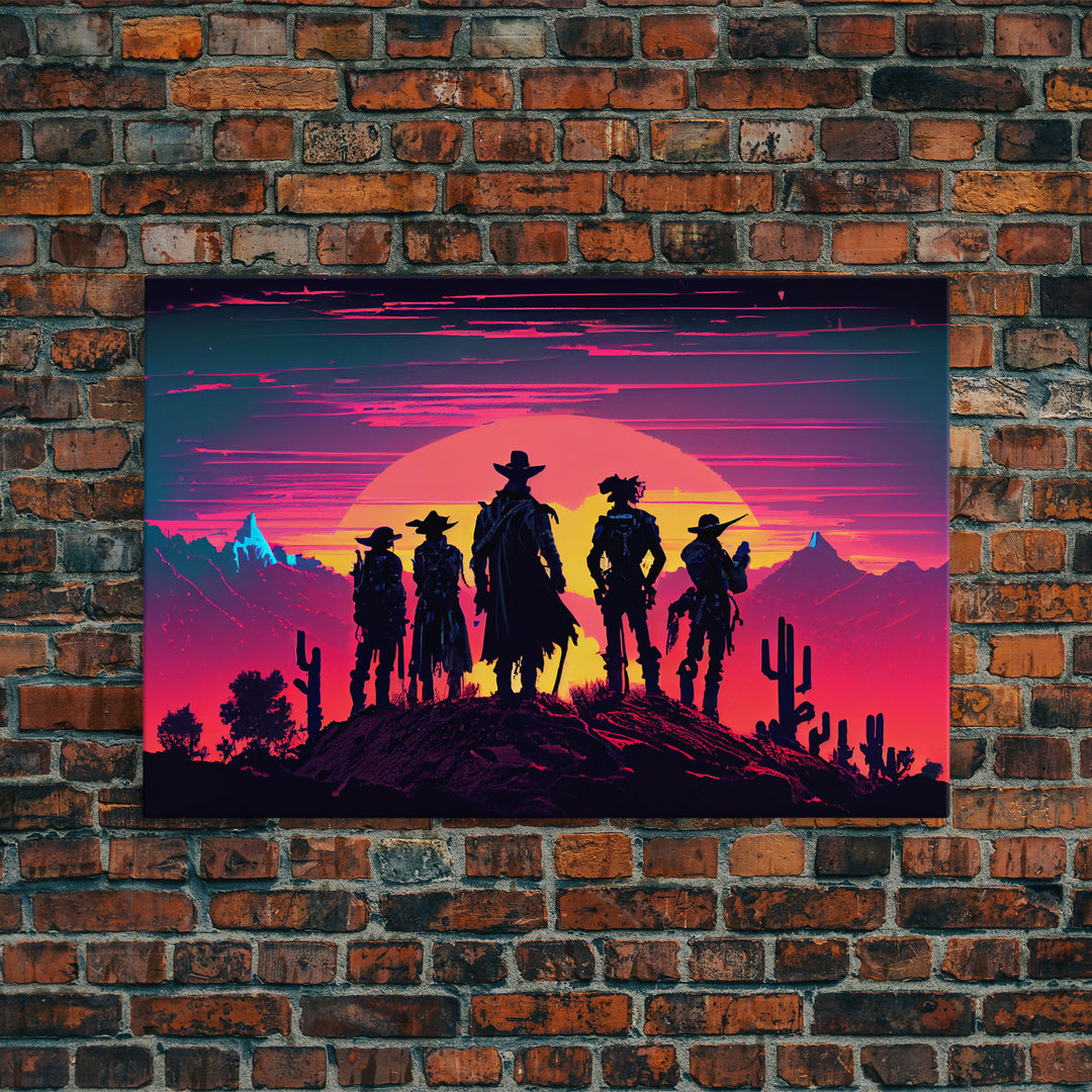 Retro Synthwave Style Wild West Cowboys, framed canvas print, retro outrun style wild west art