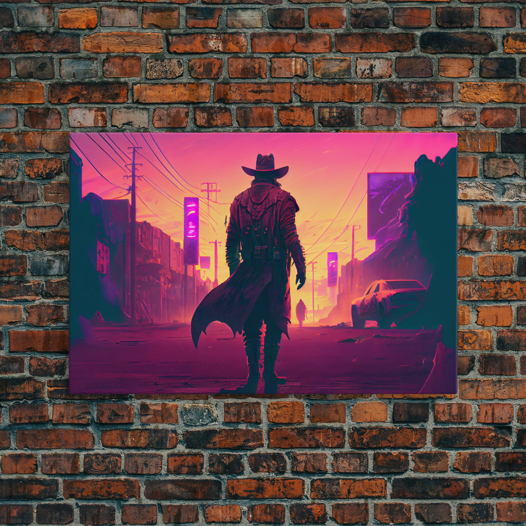 The Gunfighter, Retro Outrun style wild west cowboy art, framed canvas print