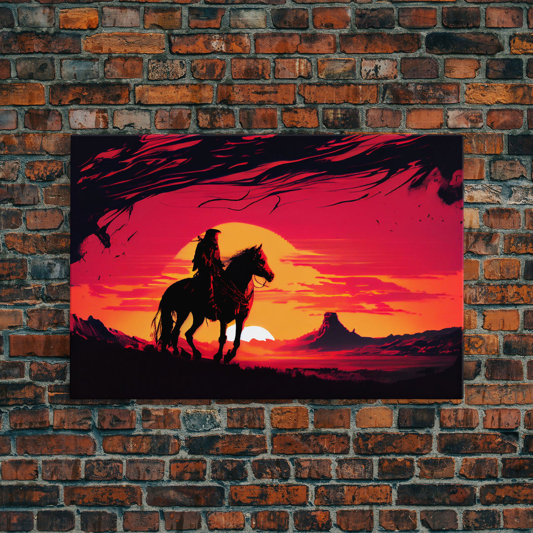 Retro Wildwest Sunset Art, Framed Canvas Print, Native American Warrior on Horseback