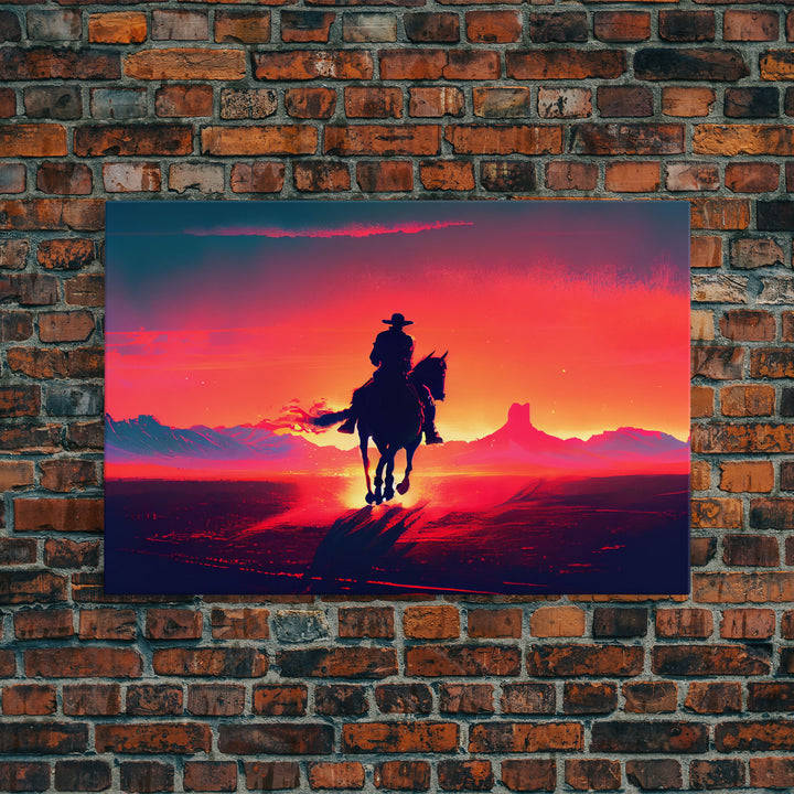 The Sunset Ride, Wild West Cowboy Art, retro style western decor, framed canvas print