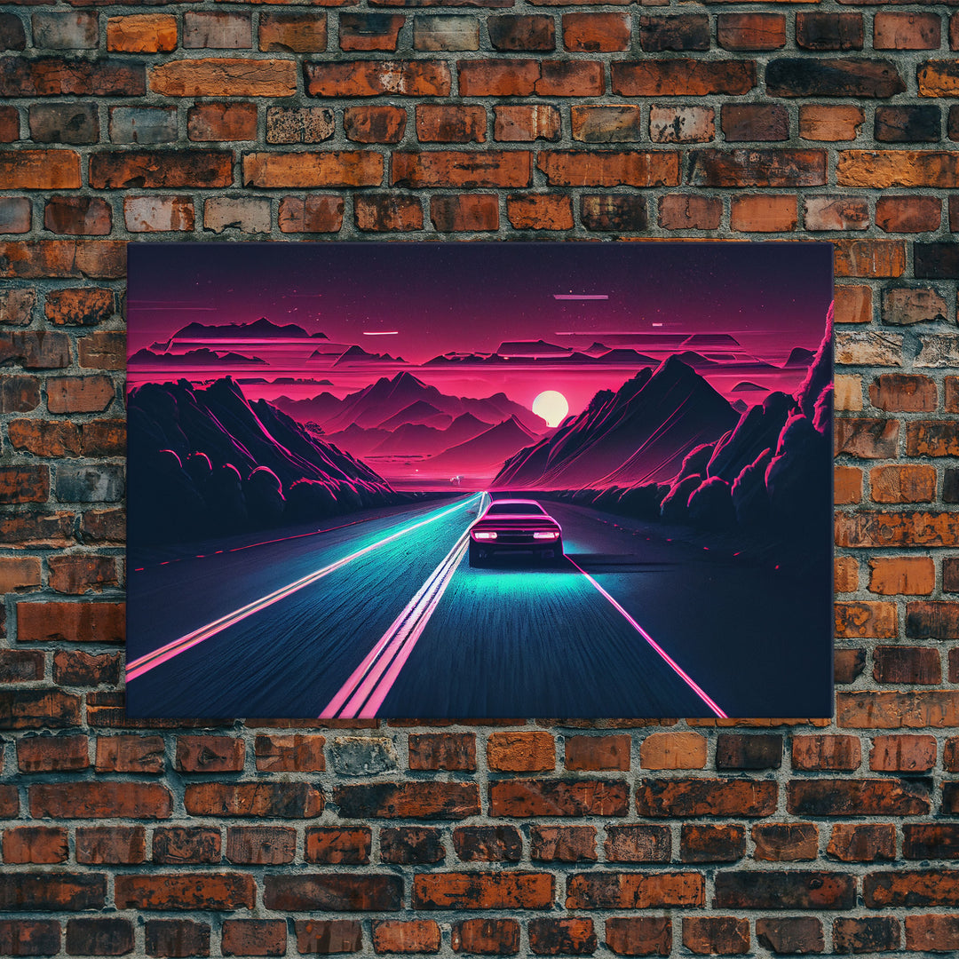 Midnight Drive, Unique Synthwave Style Retro Art, 80s style art, framed canvas print