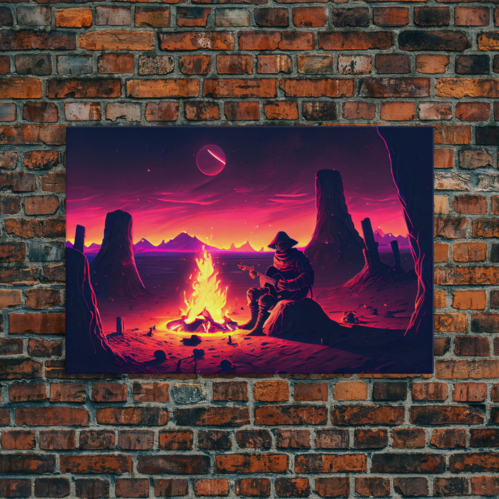 Campfire Songs, Retrowave style art, framed canvas print, synthwave art