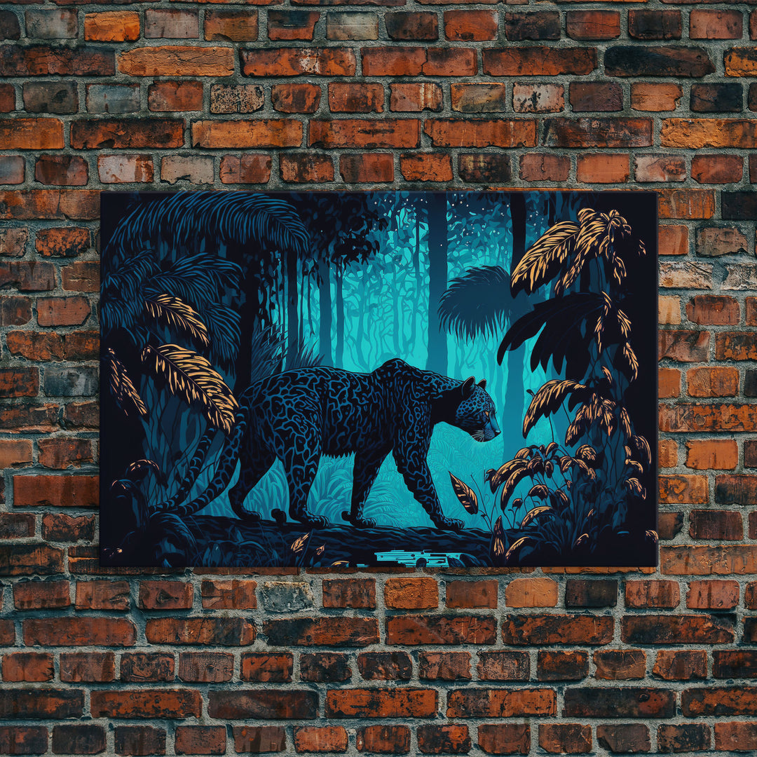 Black and Turquoise Panther, framed canvas print, unique wall art, wildlife canvas art, living room wall art