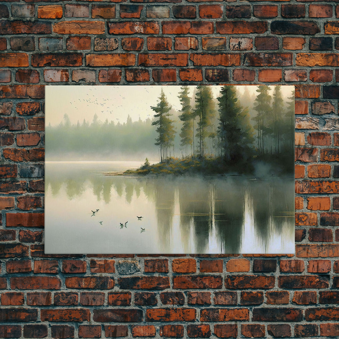 Misty Morning Sunset over a Oregon Lake, framed canvas print, beautiful nature / landscape art, boho minimalist farmhouse wall decor