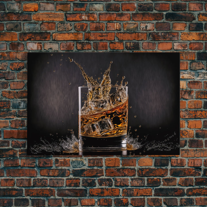 Whiskey Wall Décor, Glass of Whiskey with Splash, Man Cave Wall Art, Whisky Artwork, Home Bar Decor, Framed Canvas Print