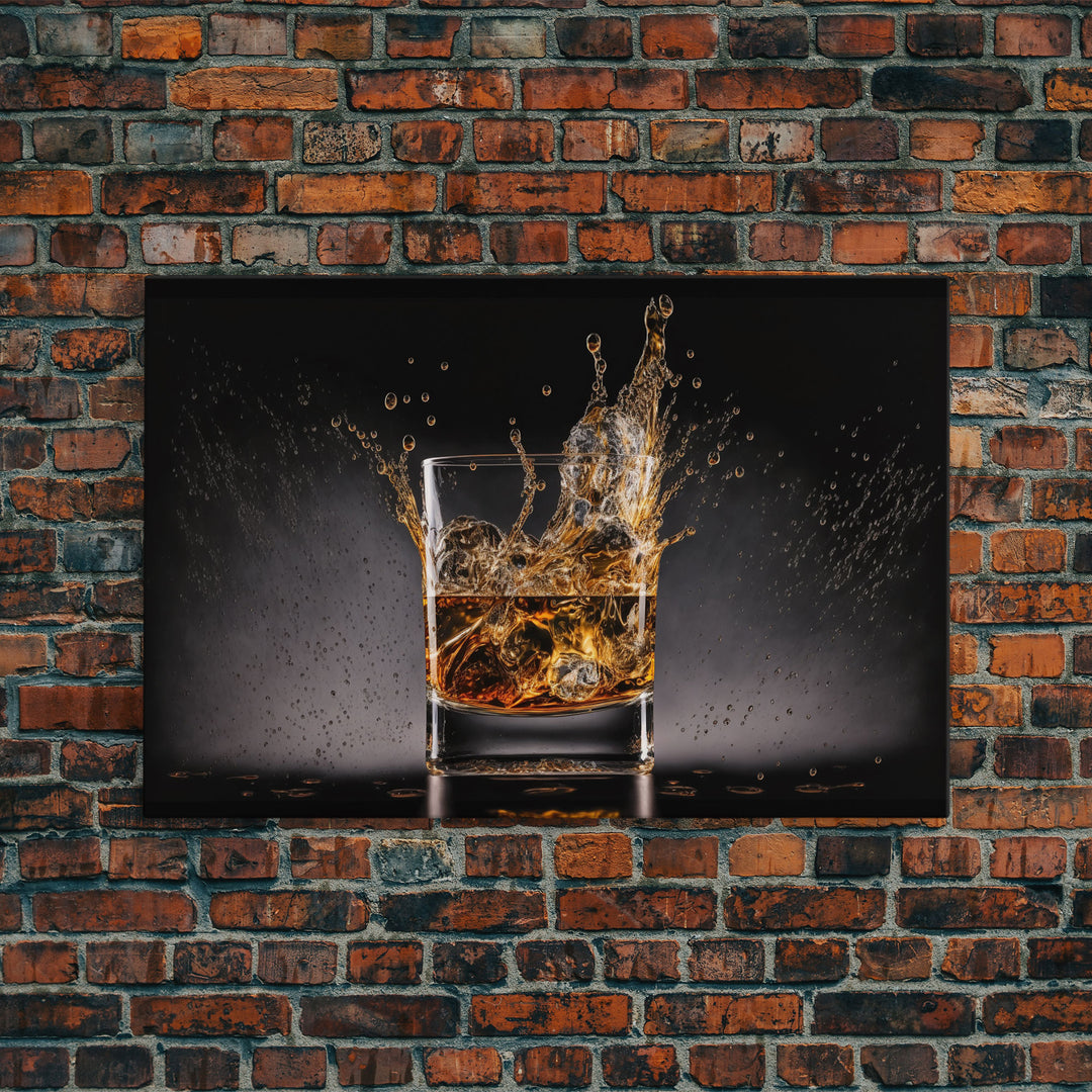 Whiskey Wall Décor, Glass of Whiskey with Splash, Man Cave Wall Art, Whisky Artwork, Home Bar Decor, Framed Canvas Print, Manly Art