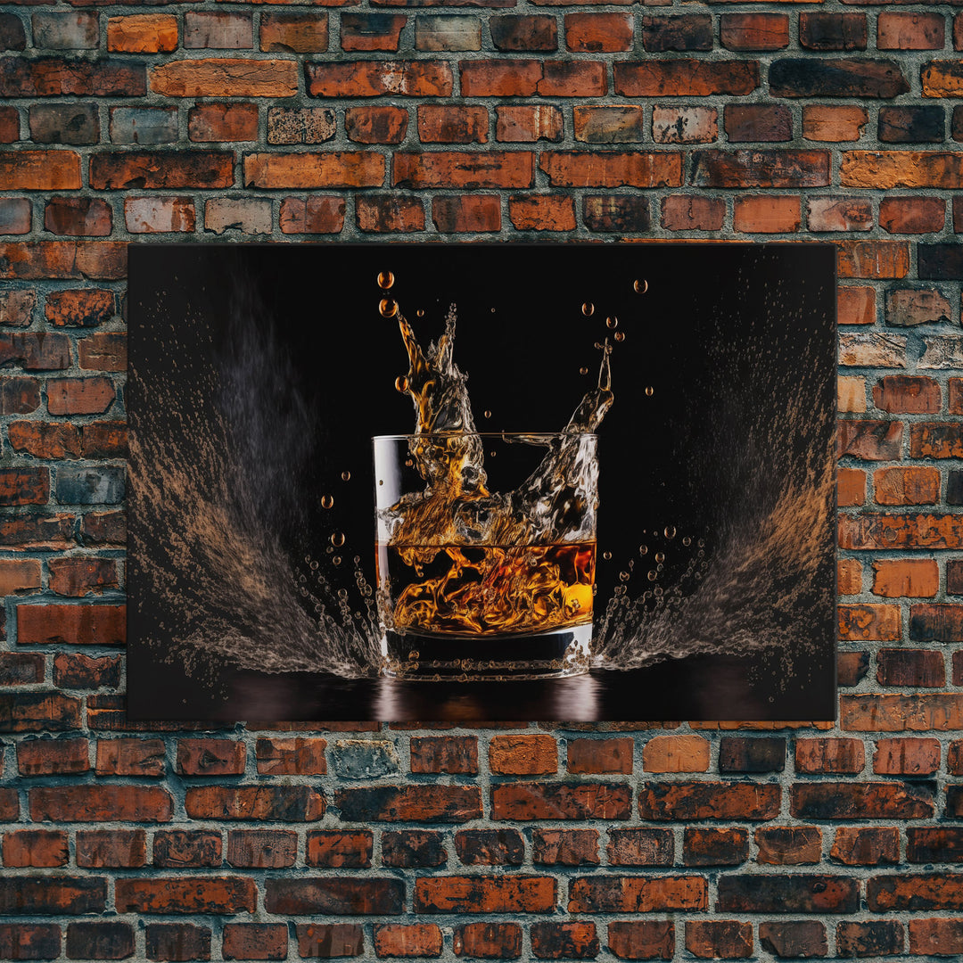 Whiskey Wall Décor, Ice falling into a glass of whiskey, modern / contemporary bar wall art, framed canvas print