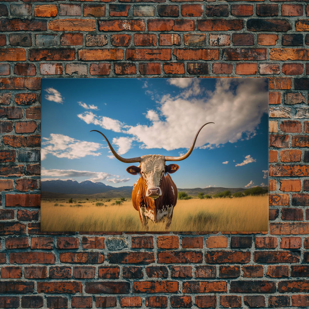 Texas longhorn art Rustic wall art, wall decor Western farmhouse decor, cow framed canvas print, Trendy wall art, Longhorn canvas print