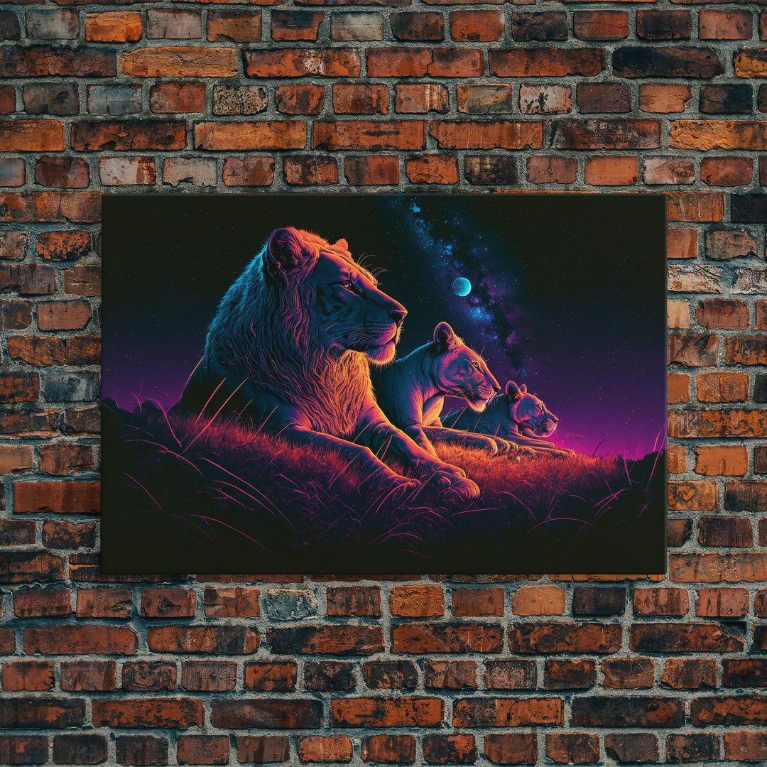 Retro Synthwave Style Lion Art, African Wildlife, Framed Canvas Print, Pastel Tones Wall Decor