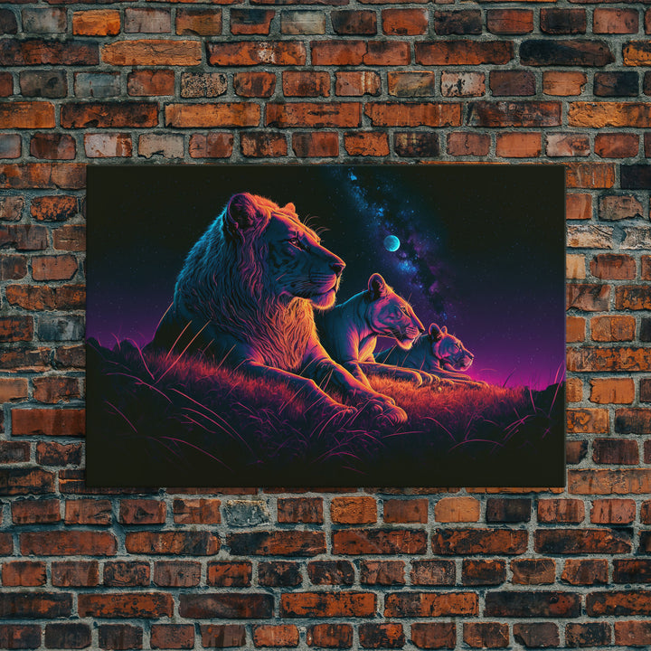 Retro Synthwave Style Lion Art, African Wildlife, Framed Canvas Print, Pastel Tones Wall Decor