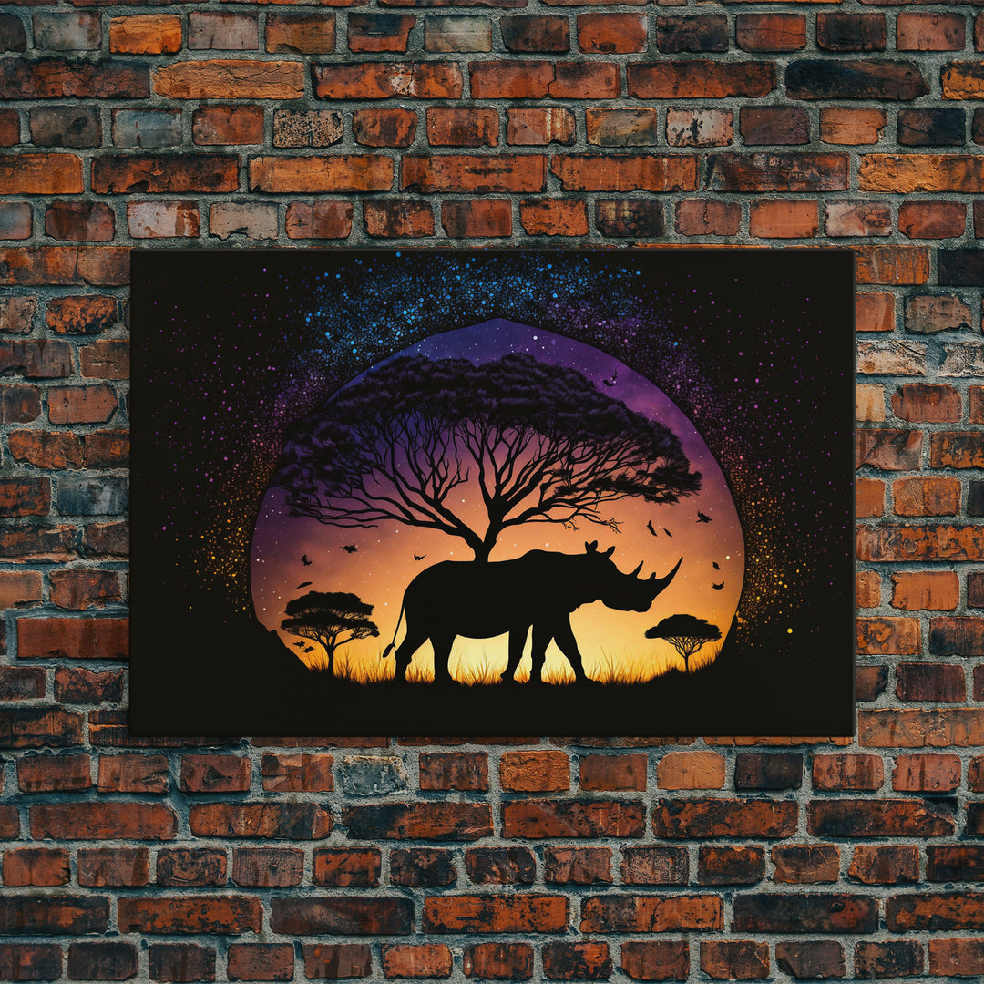 Rhino Silhouette against a starry night sky, wildlife art, animal prints, framed canvas print