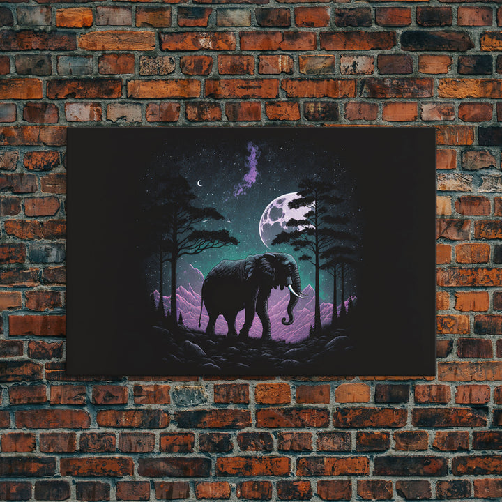 Synthwave Elephant Art | Framed Canvas Print | Framed Wall Art | Animal Prints | Wildlife Art | Elephant Walks Under A Full Moon