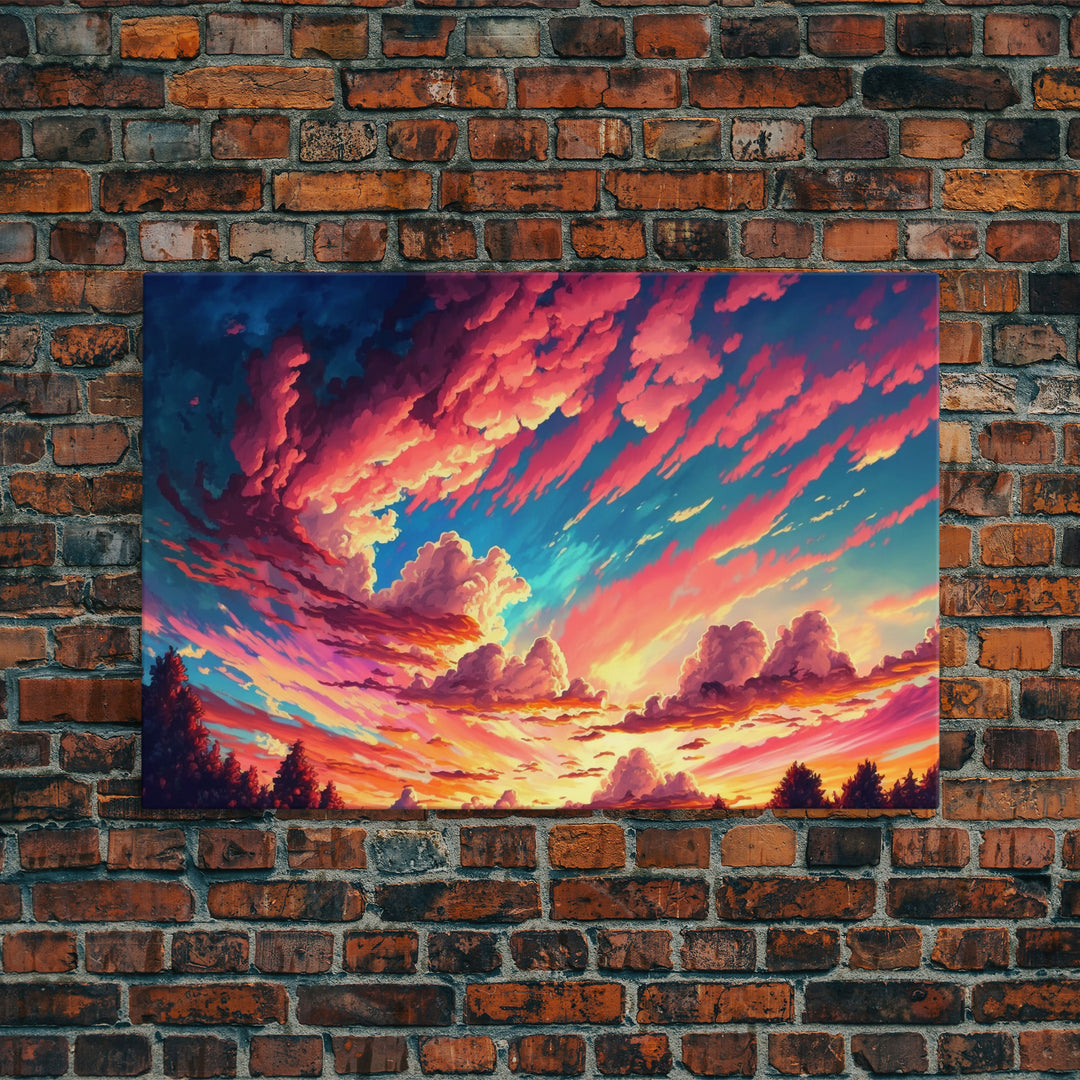 Watercolor of a beautiful cloudy sky at sunset, framed canvas print, landscape art, unique framed wall art