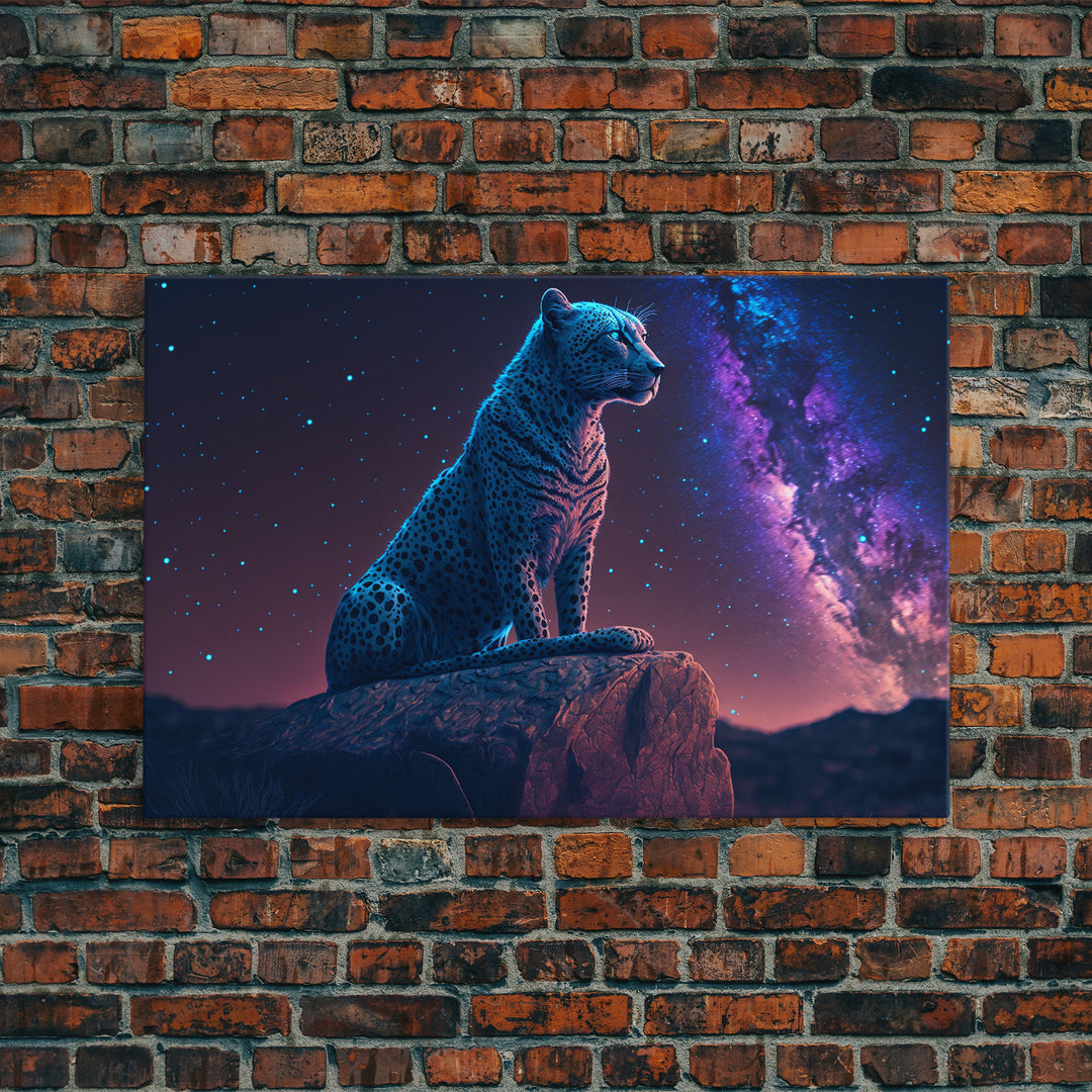 Synthwave Animal Prints, Cheetah and a starry night sky, framed canvas print, cute animal art