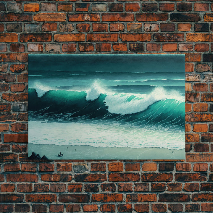 The Monsoon | Beach Art | Framed Canvas Print | Emerald Green Waves | Boho Style Minimalist Painting | Framed Wall Decor Wall Art