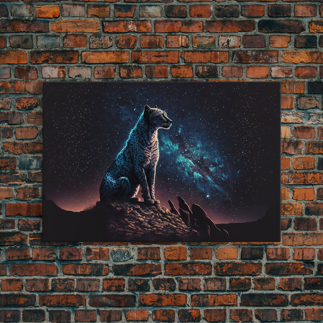 Cheetah Print, Synthwave Animal Prints, Cheetah and a starry night sky, framed canvas print, cute animal art