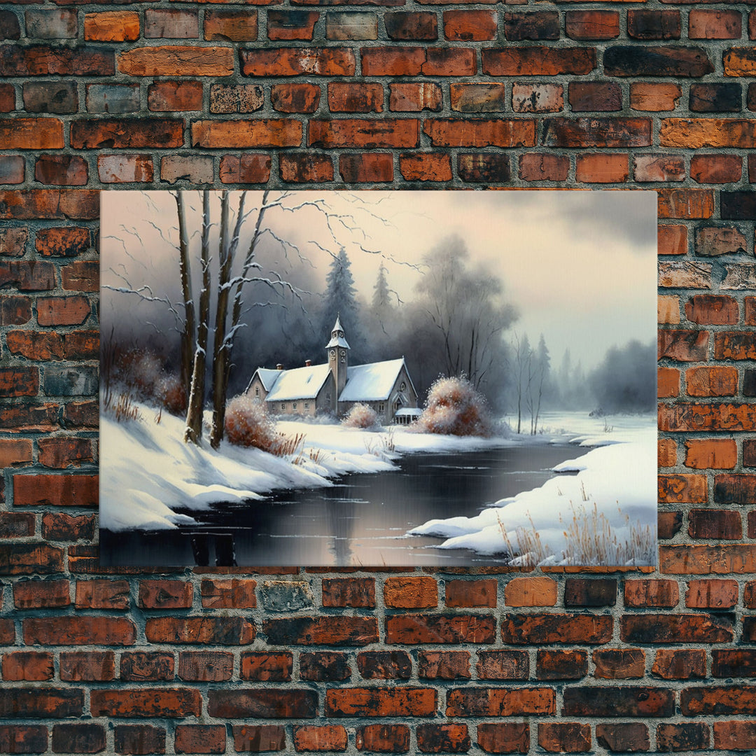 Snow Covered Landscape Art | Church Art | Framed Canvas Print | Snowy Winter Scene | Boho Minimalist Modern Art