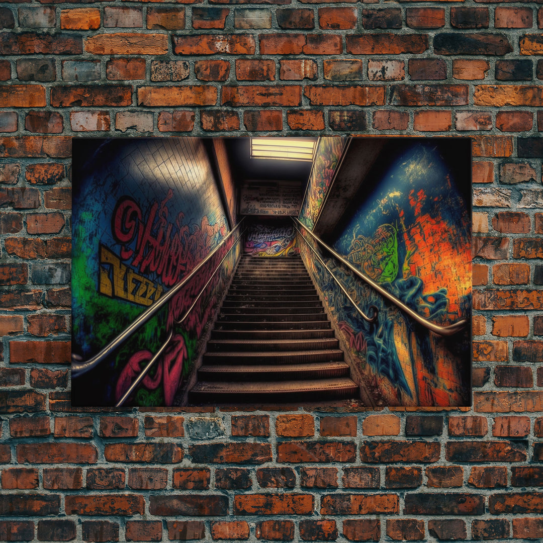 Graffiti Covered Staircase | Subway Stairs | Framed Canvas Print | Punk Art | Dystopian Cyberpunk Art