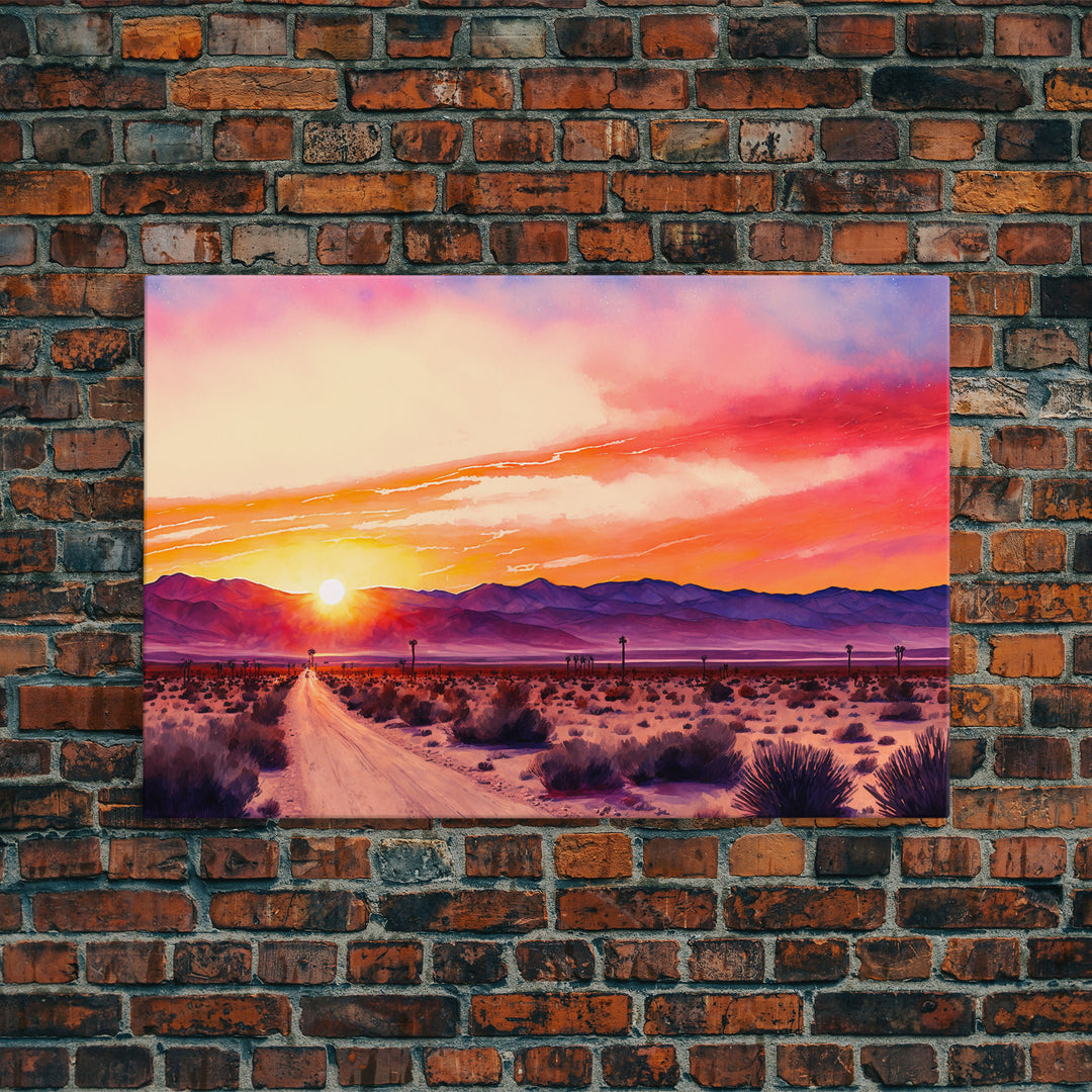 Arizona Desert at Sunset, Dirt Road, Framed Canvas Print, Colorful Wall Art, Sofa Art