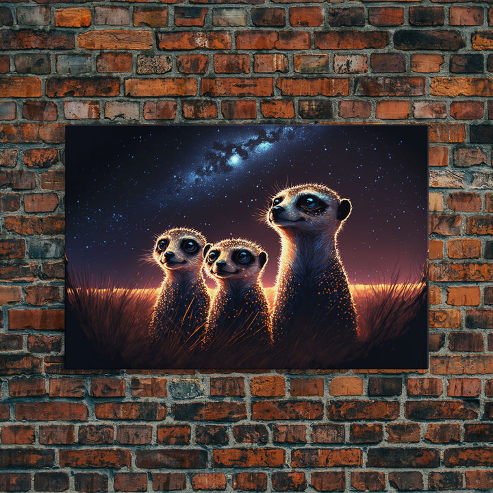 Meerkat Art, framed canvas print, Animal art, starry night over the plains of Africa