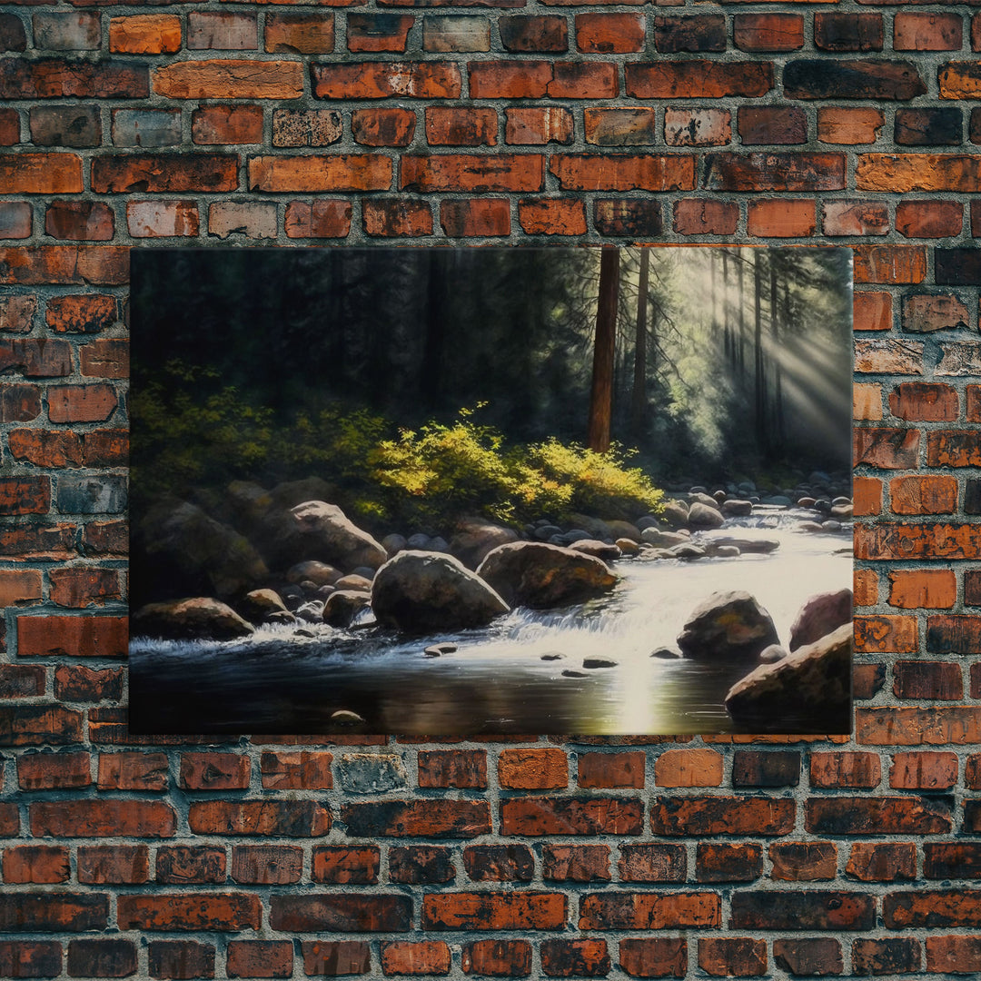 A Rocky Stream, Watercolor Art, Serene nature landscape art, framed canvas print, mouth of the river in the morning light wall art