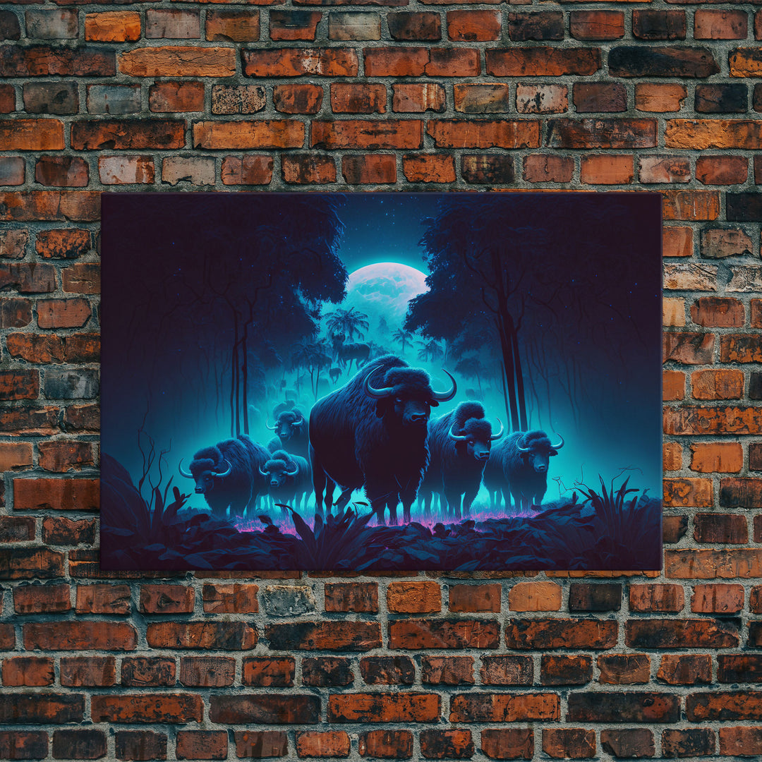 Herd of Water buffalo at midnight, full moon, retro style synthwave animal prints, framed canvas print