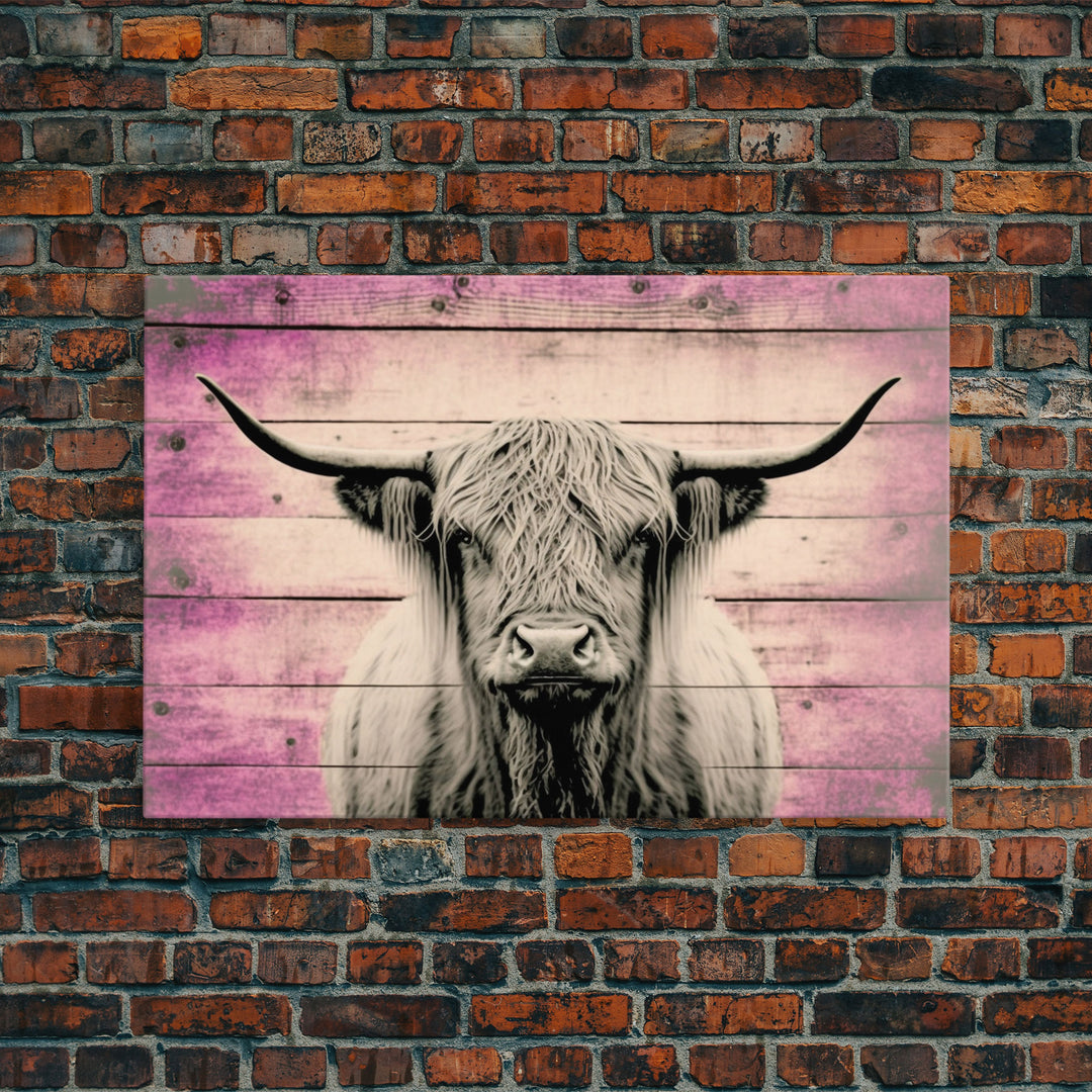 Pink Rustic Cattle Art, Framed Canvas Print, Framed Wall Art, Primitive Rustic Minimalist Farmhouse Decor, Highland Cattle Distressed Art