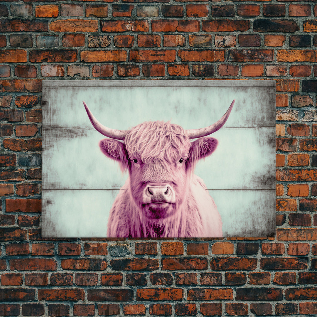 Pink and Turquoise Rustic Cattle Art, Framed Canvas Print, Framed Wall Art, Primitive Rustic Minimalist Farmhouse Decor, Highland Cattle Art