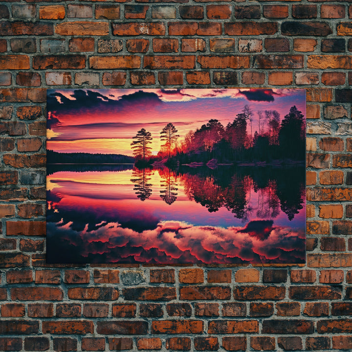 Reflections on the lake, red landscape art, framed canvas print, subdued red nature art